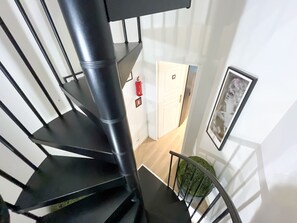 A spiral staircase with a black handrail and steps, leading to a landing with a white door and a framed picture on the wall.