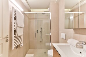 Douche, séchoir à cheveux, serviettes fournies