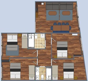 Un hôtel comprenant plusieurs chambres, une salle de bain, une cuisine et un espace de vie.