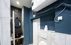Shower, hair dryer, towels