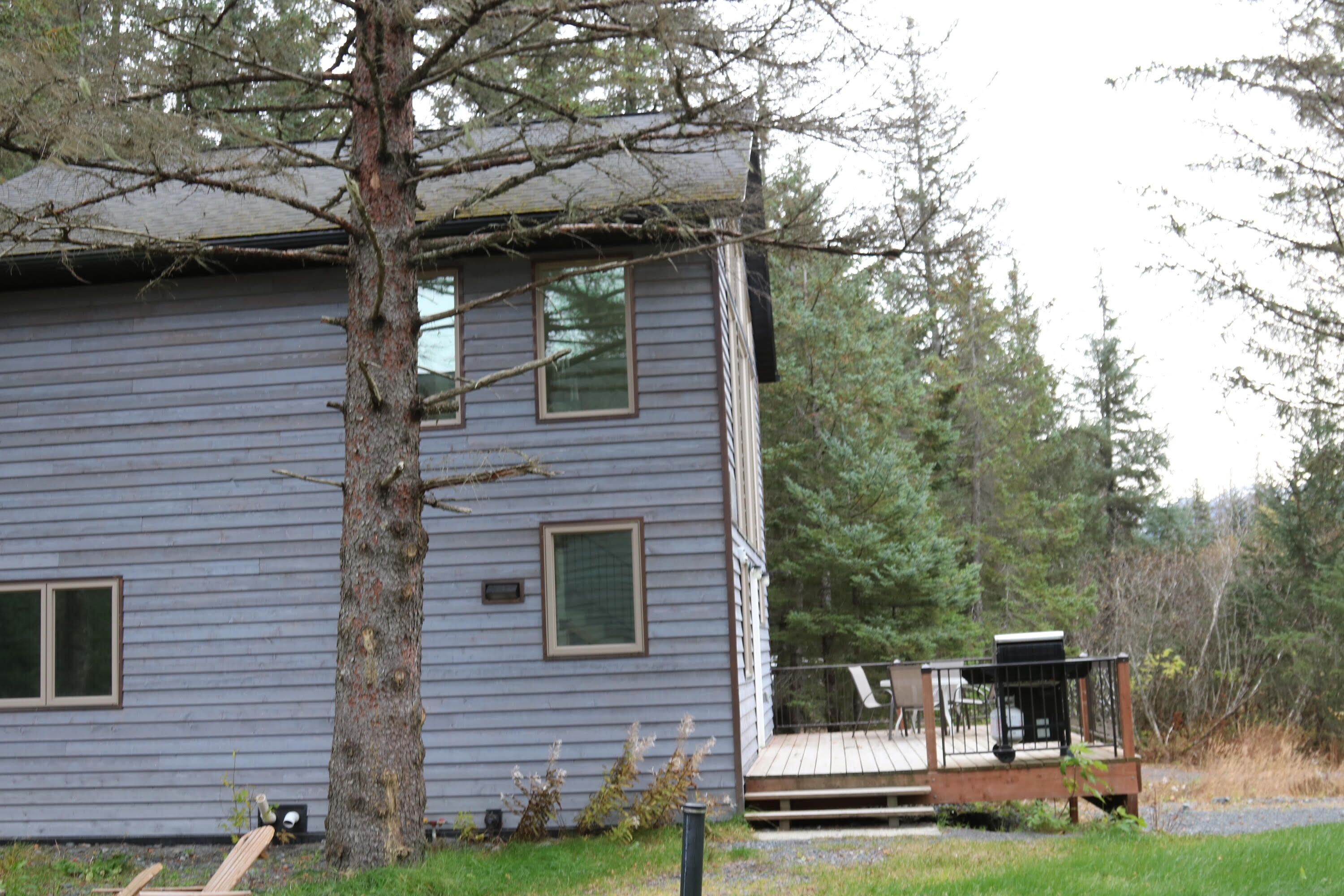 A two-story house with a deck, surrounded by trees.