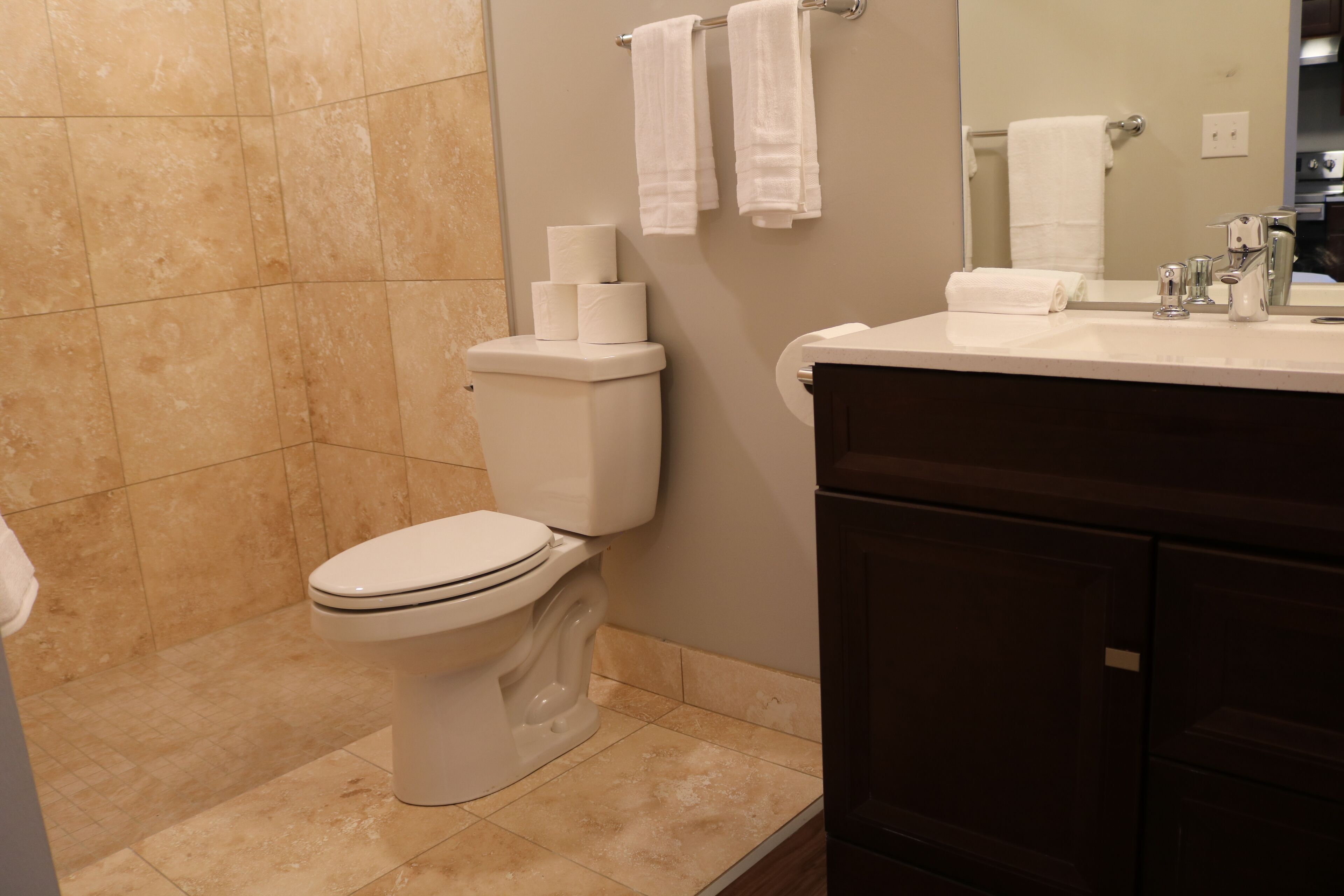 A bathroom with a toilet, a sink, and a mirror.