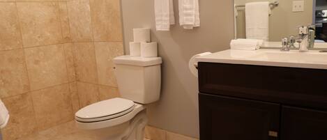 A bathroom with a toilet, a sink, and a mirror.