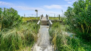 A wooden bridge leading to a building with a metal railing, surrounded by tall grasses and a clear sky.