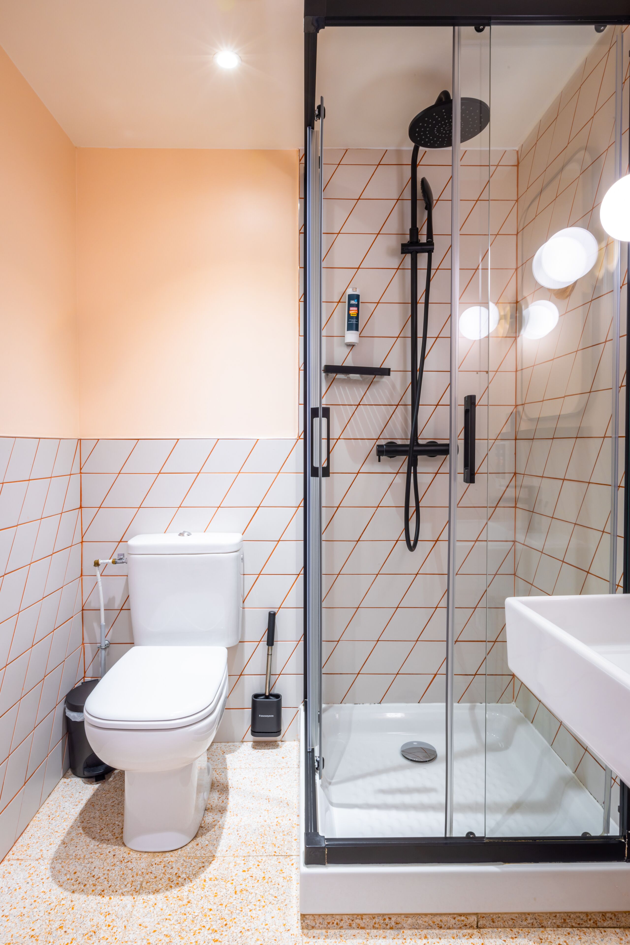 Un baño moderno con ducha envuelta en vidrio, inodoro blanco y lavamanos.