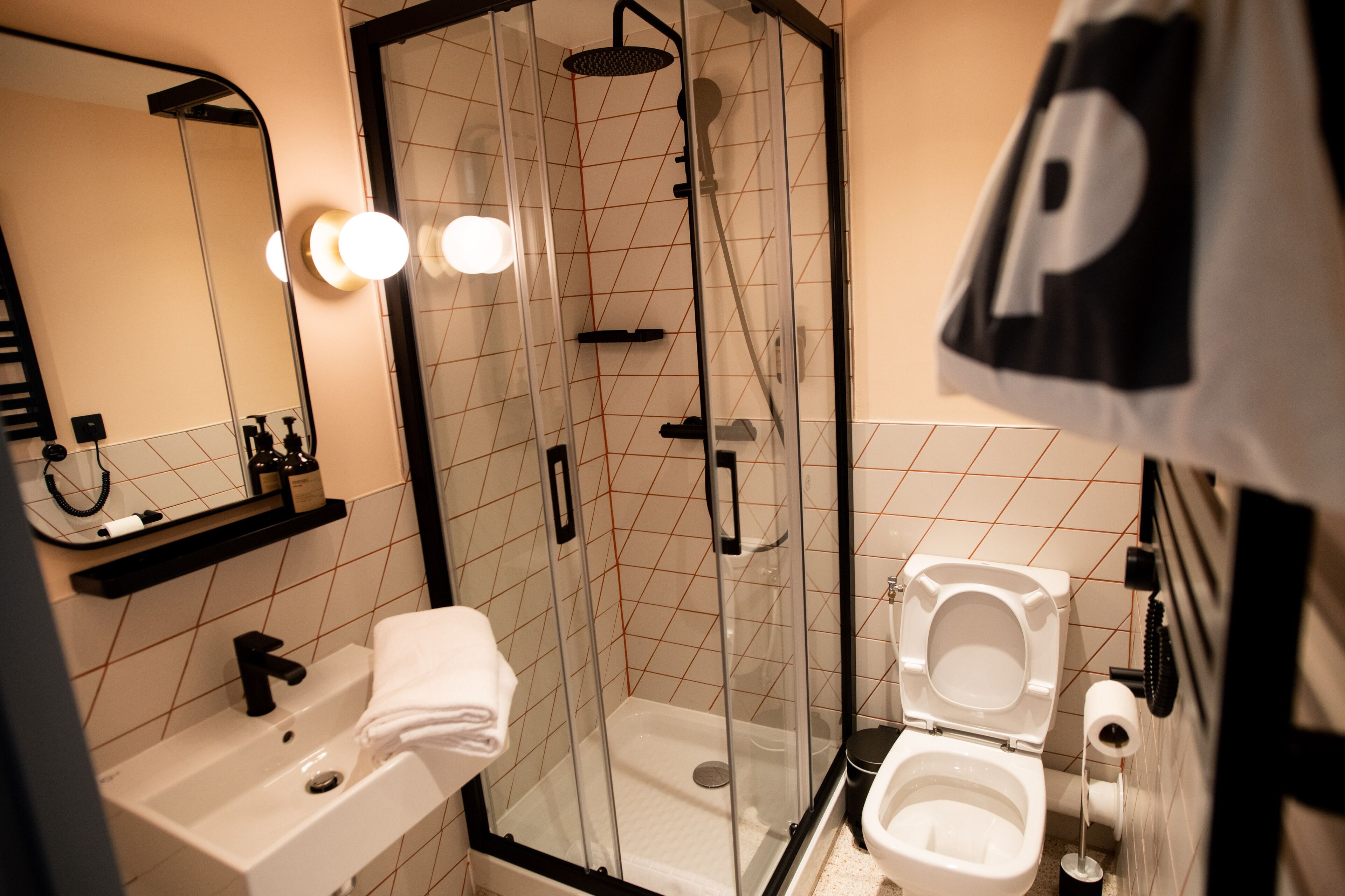 A modern bathroom with a glass-enclosed shower, a white sink, and a toilet.