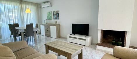 TV, fireplace