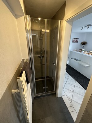 Estúdio, 1 cama de casal e sofá-cama (incl. EUR 25 cleaning fee per stay) | Banheiro | Chuveiro, secador de cabelo, toalhas de banho, sabonete