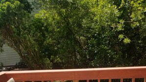 Une terrasse en bois avec une table ronde et deux chaises.