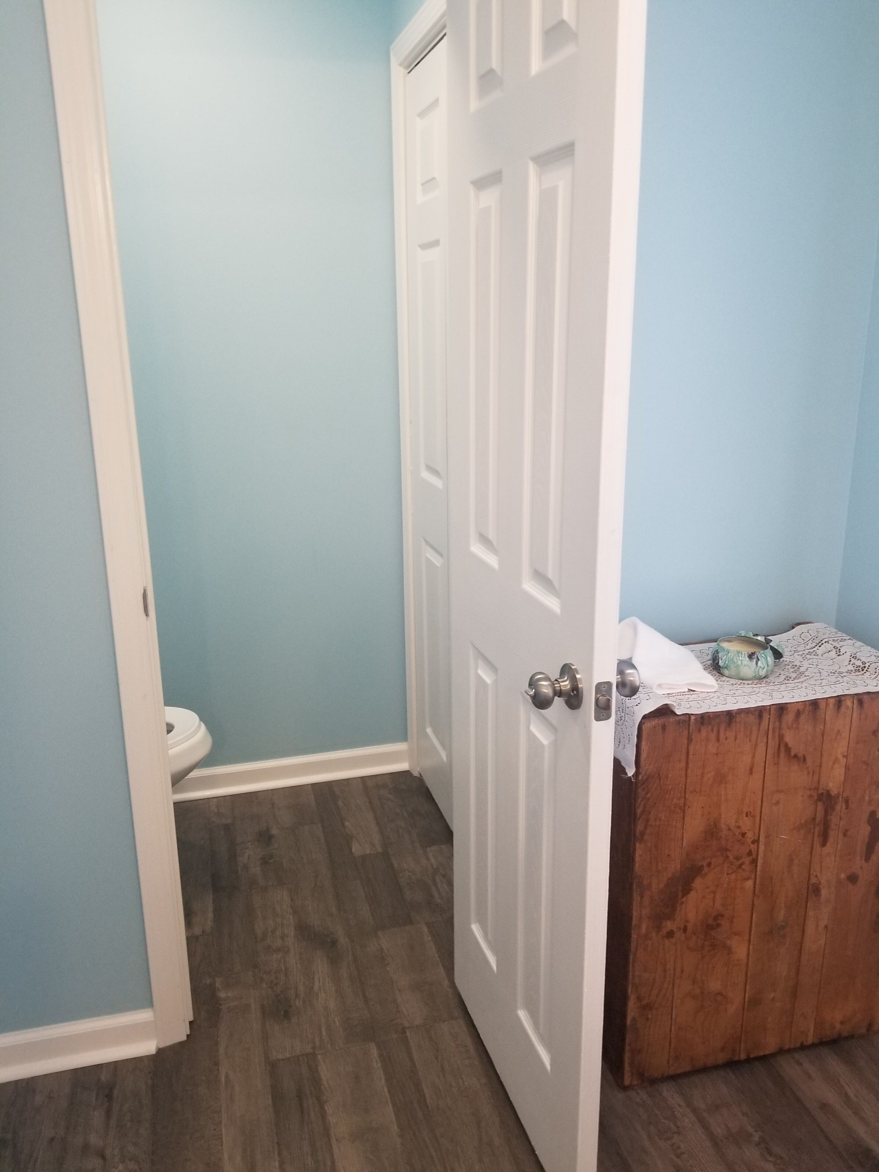 Un baño con una puerta blanca, un inodoro y un armario de madera.