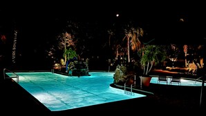Ein Swimmingpool mit einer Steinstruktur und Palmen, umgeben von dunklem Nachthimmel.