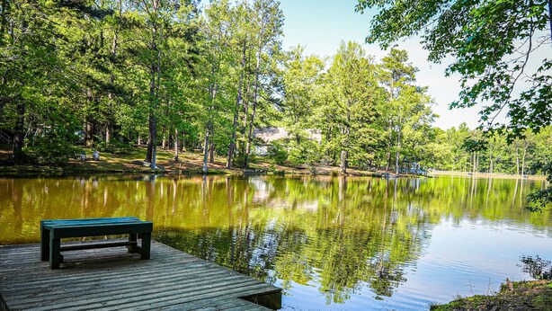 A wooden dock extending into a calm lake surrounded by dense trees.