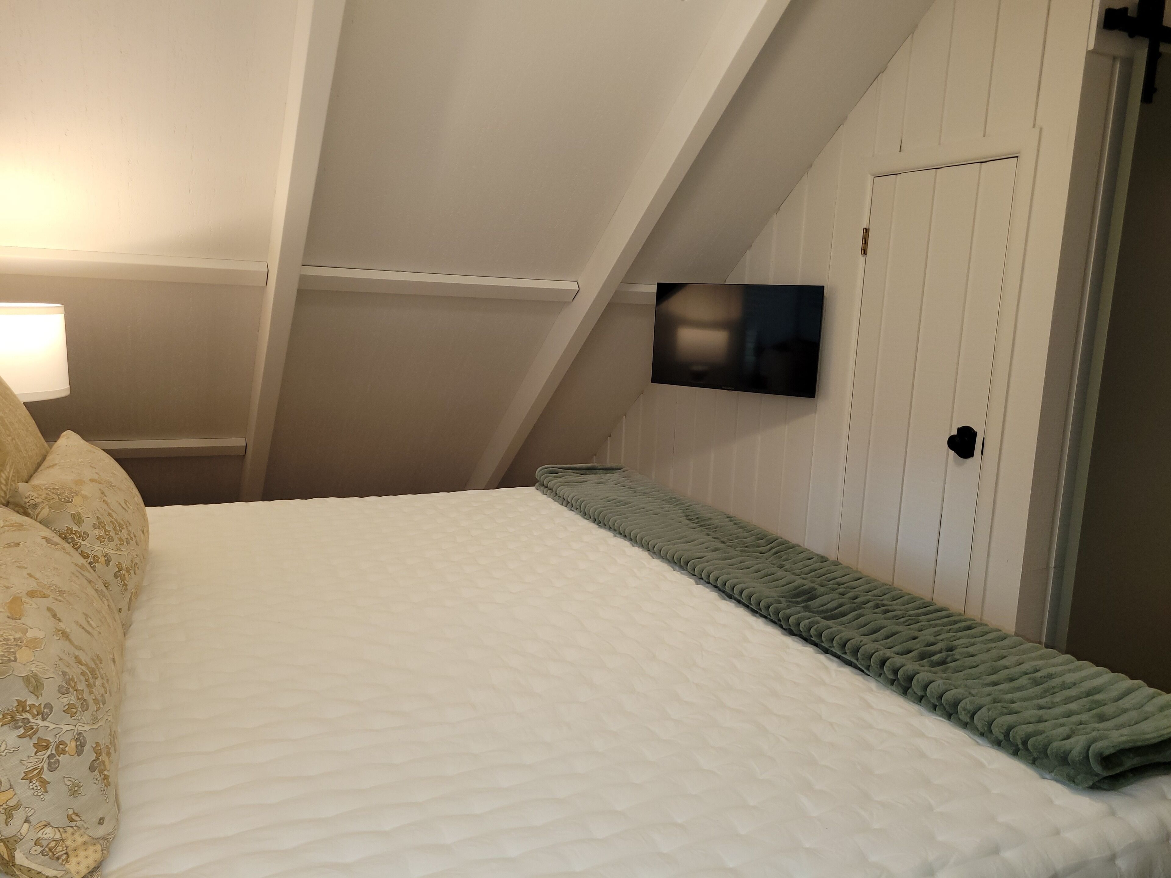 A bedroom with a bed, a television mounted on the wall, and a door.