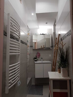 Shower, hair dryer, towels, soap