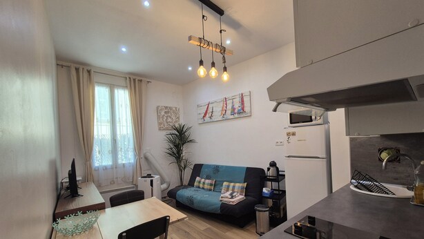 A compact living space with a kitchenette, a dining area with a table and chairs, a sofa, and a ceiling light fixture.