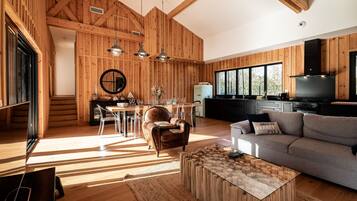 Smart TV, caminetto, tavolo da ping pong, libri