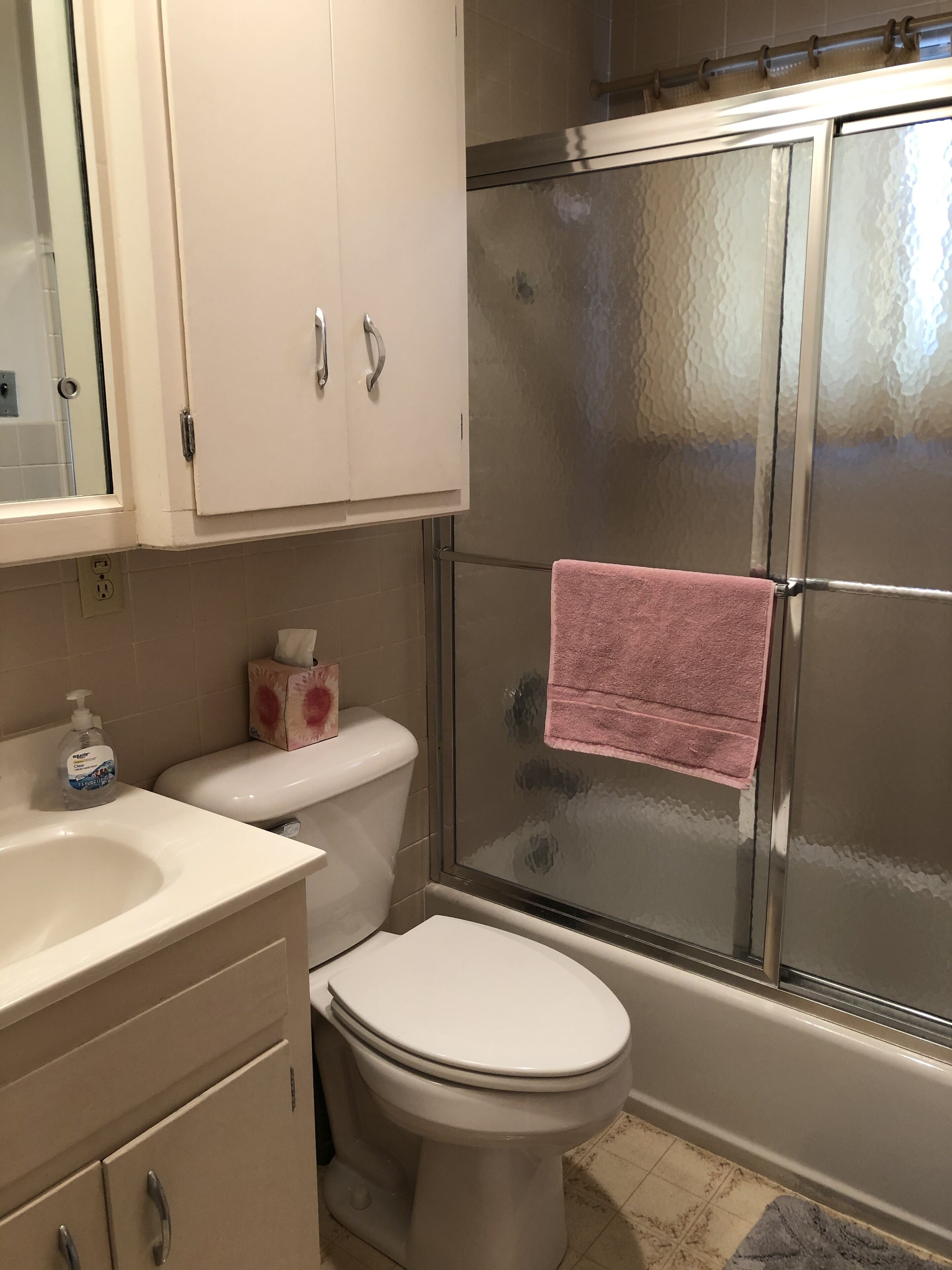 Un baño con inodoro, lavabo y ducha.