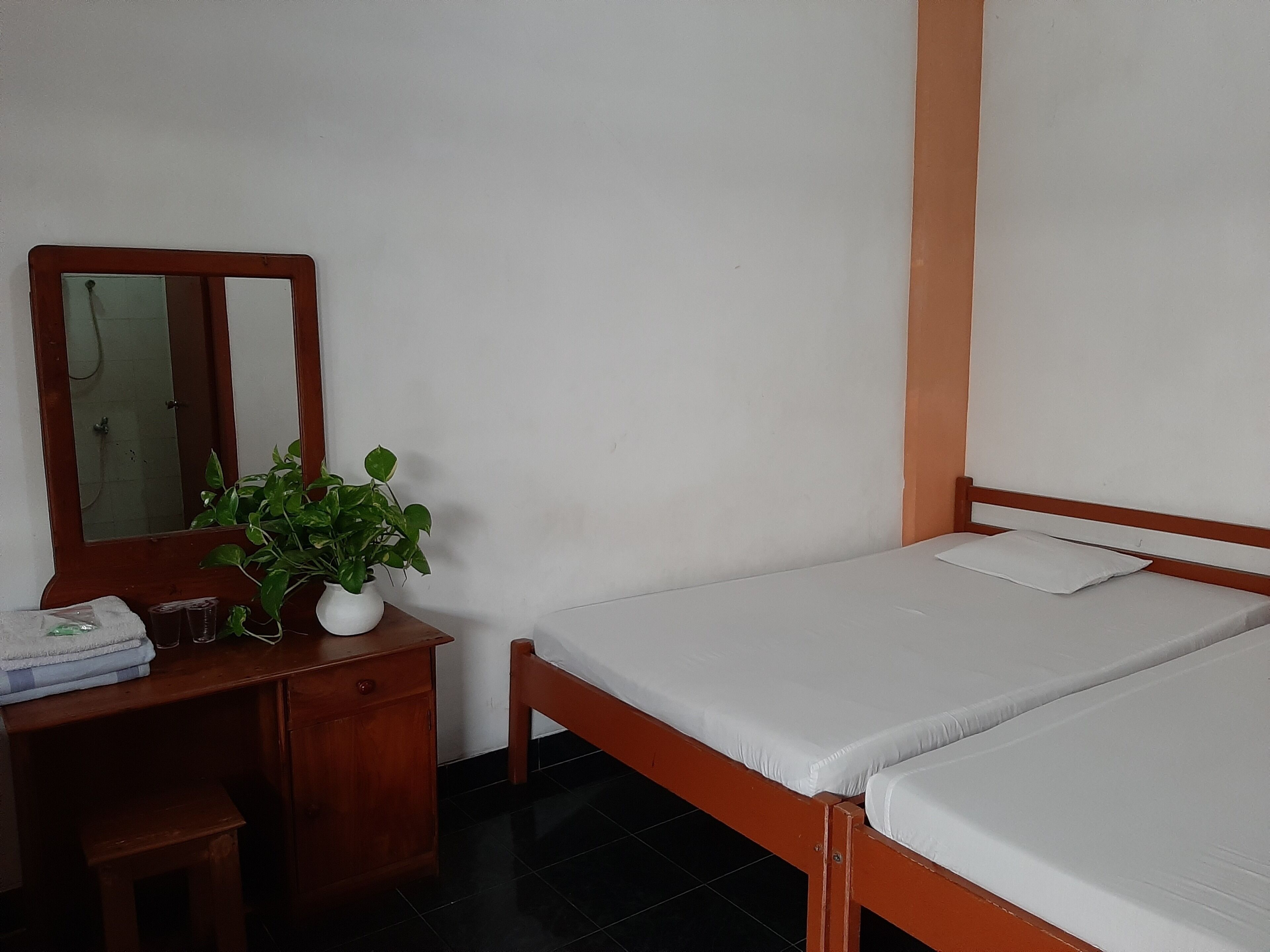 Ein Schlafzimmer mit einem hölzernen Bett, einem kleinen Nachttisch, einem Spiegel und einer Topfpflanze.