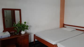 Un dormitorio con una cama de madera, una mesita de noche pequeña, un espejo y una planta en maceta.