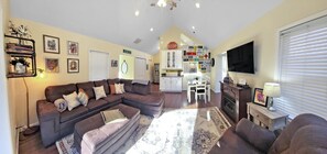 Smart TV, fireplace, DVD player, books