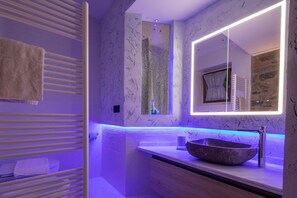 Shower, hair dryer, bidet, towels