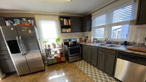 A modern kitchen with stainless steel appliances, dark cabinetry, and a patterned rug.