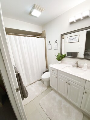 Bathtub, hair dryer, towels, soap - Beautiful and Cozy Home Across Street from Park (Carrollton)