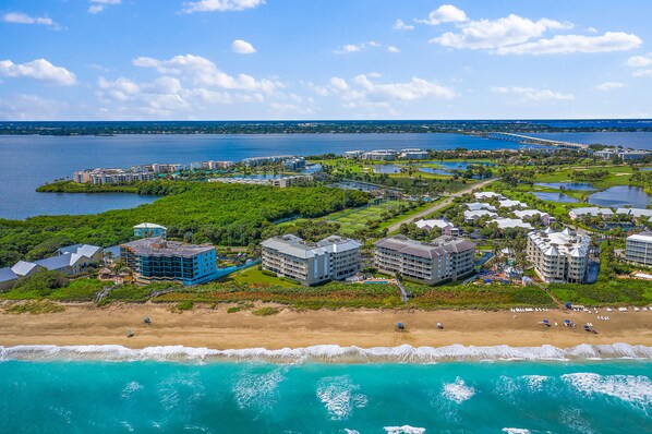 On the beach, sun-loungers, beach towels