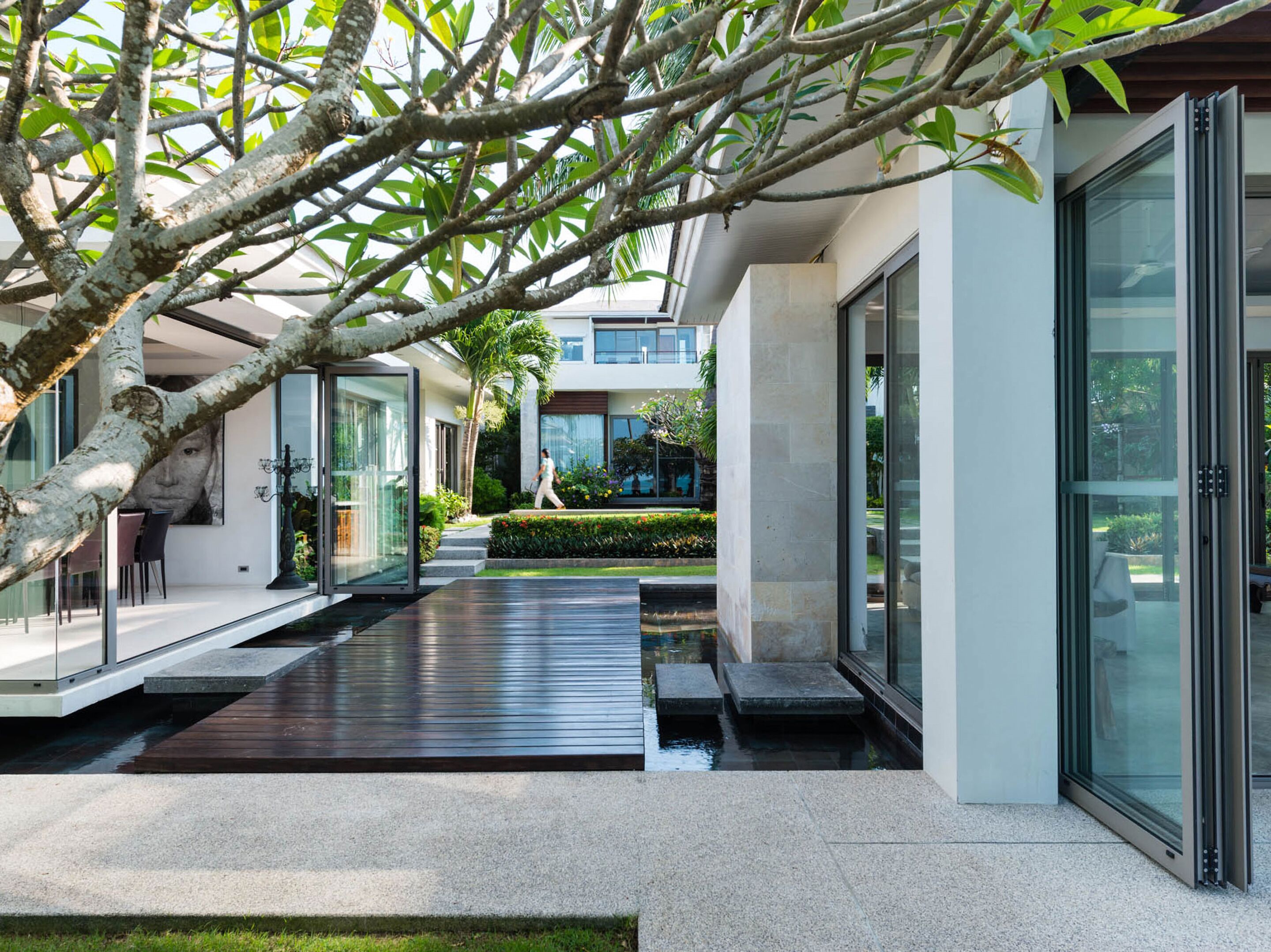A modern building with large glass windows, a paved walkway, and a tree in the foreground.