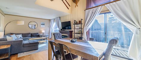 Smart TV, fireplace, video library