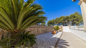 A pathway lined with white pebbles, a palm tree, and a stone wall. - Beach house for 6 persons, with pool and garden, in Playas de Muro, Mallorca (Muro)