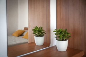 A mirror reflecting a room with two potted plants on a wooden shelf. - Studio and Room Tea (Rovinj)