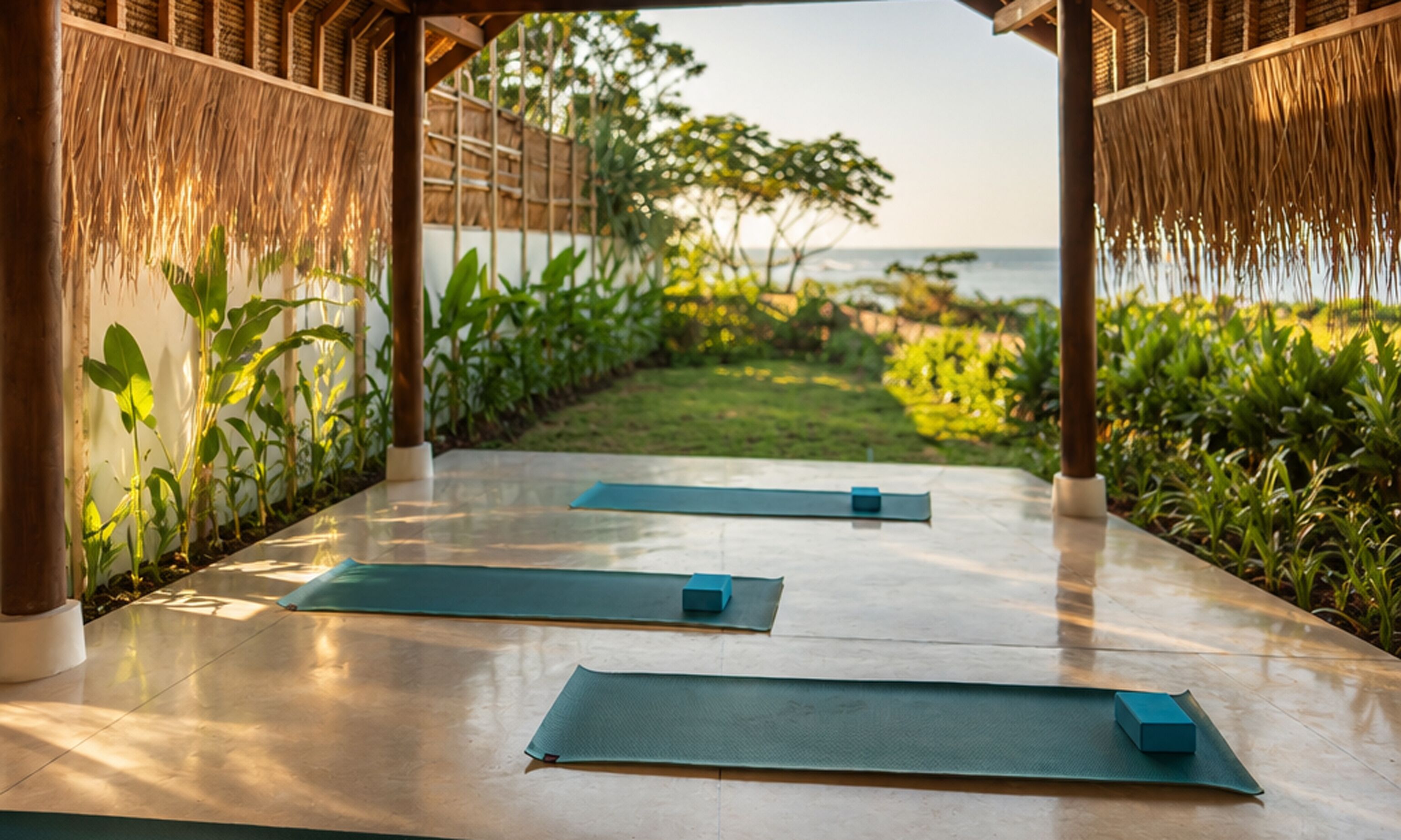 An outdoor yoga mat area with a view of the sea, surrounded by greenery and a thatched roof structure.
