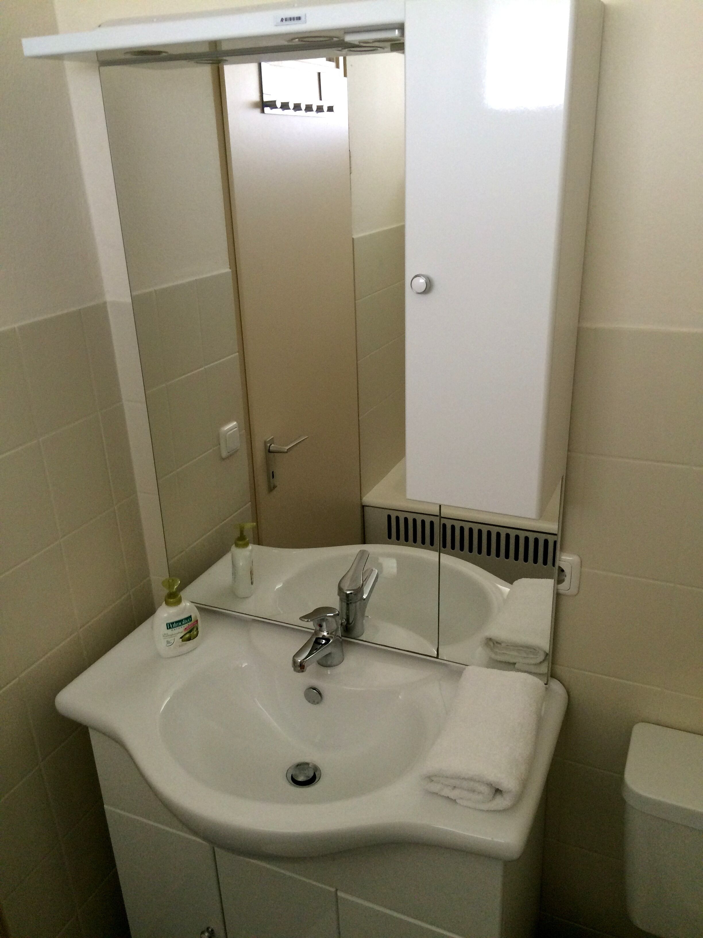 Un baño con lavamanos, espejo e inodoro.