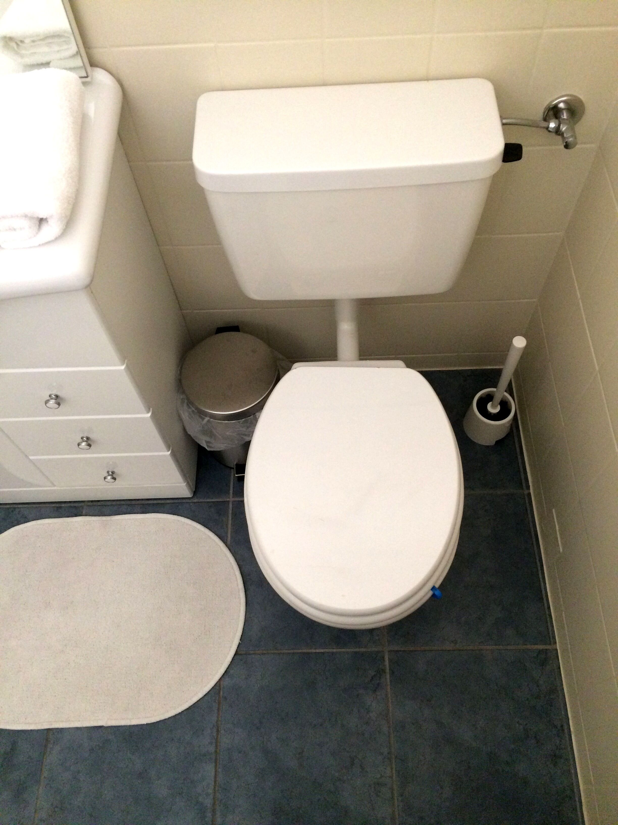 Une salle de bain équipée de toilettes, d’un bidet et d’une petite poubelle.