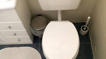 Une salle de bain équipée de toilettes, d’un bidet et d’une petite poubelle.