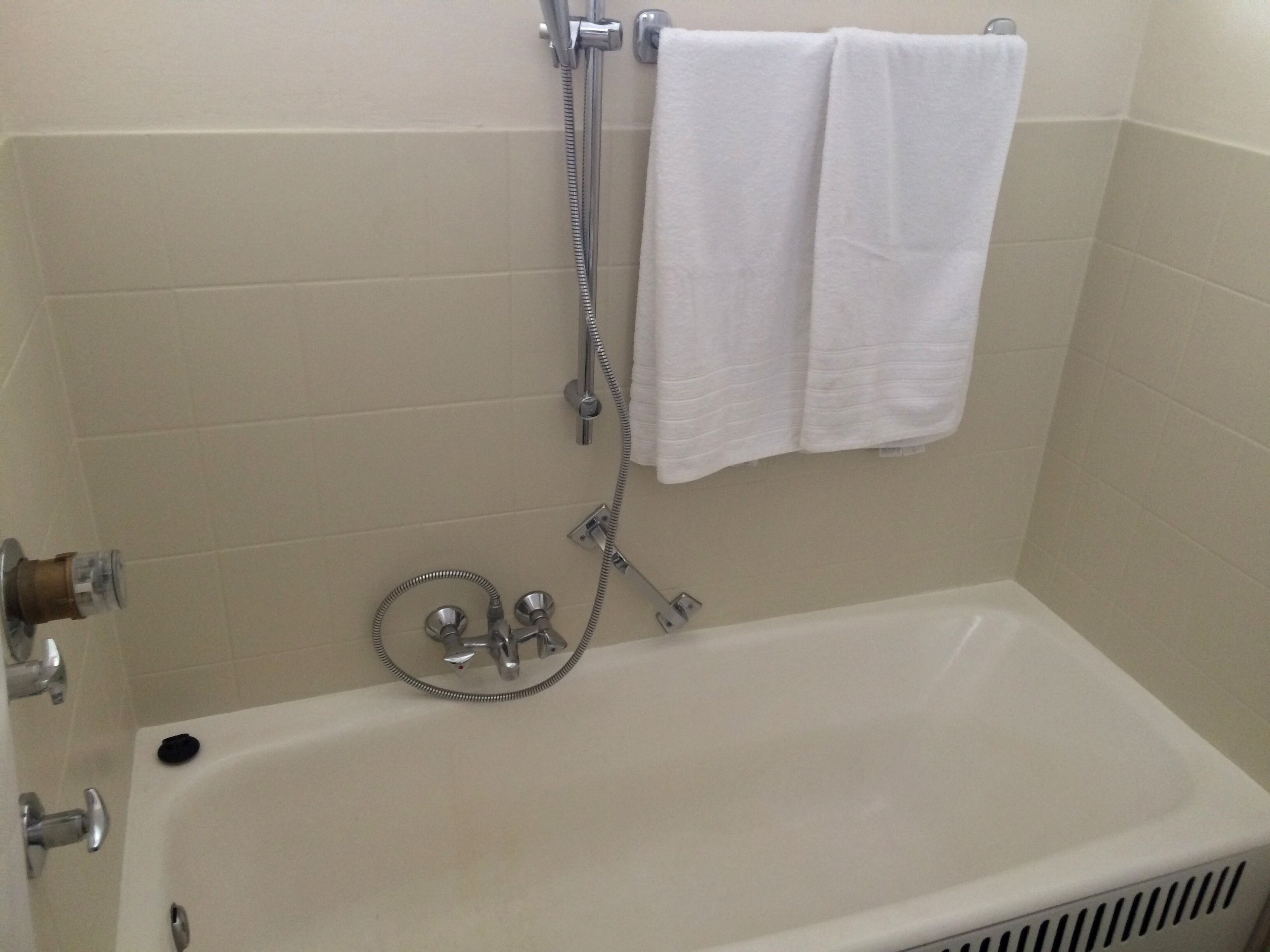 A bathroom with a bathtub, a showerhead, and a towel rack.