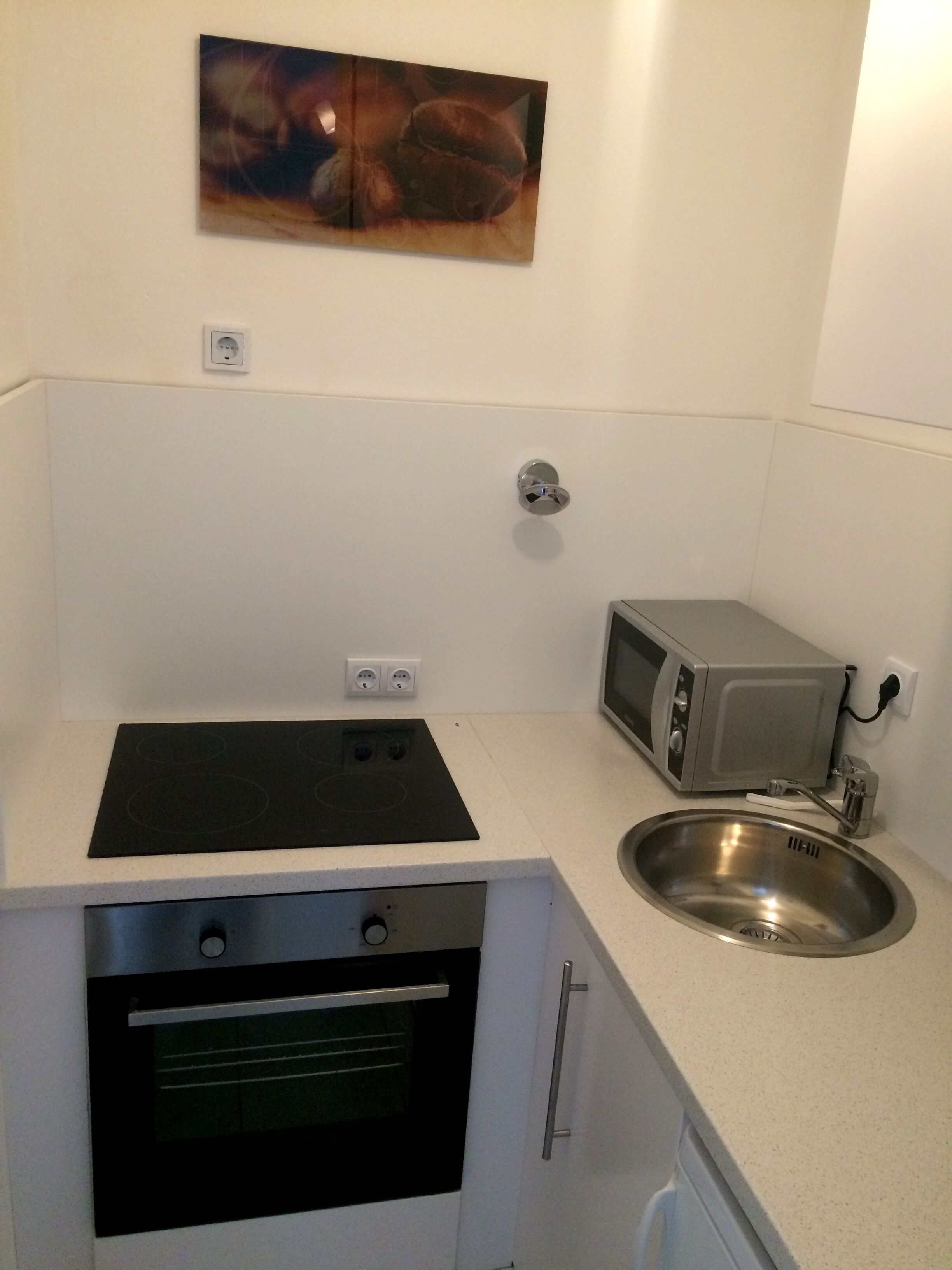 Una kitchenette compacta con cocina por inducción negra, horno integrado, microondas pequeño y pileta de acero inoxidable.