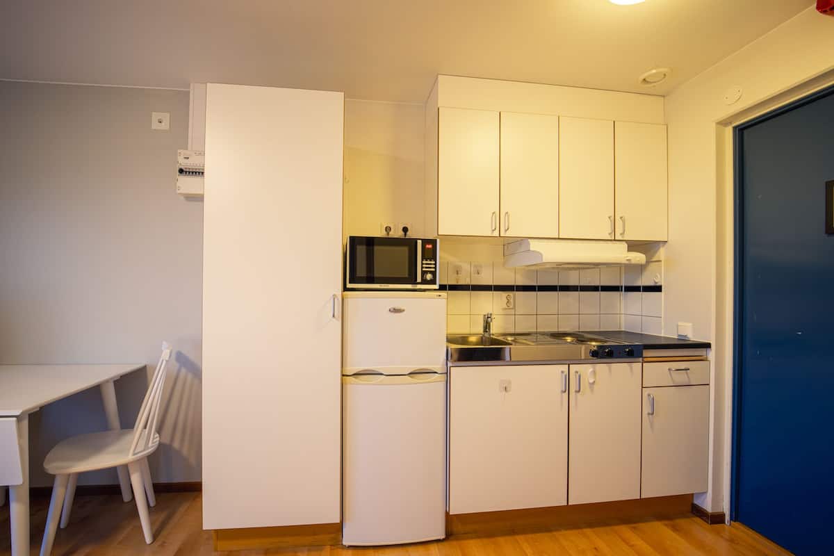 mini-fridge, stovetop, cookware/dishes/utensils, cleaning supplies