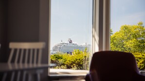 A view of a cruise ship from a window overlooking a chair and greenery.
