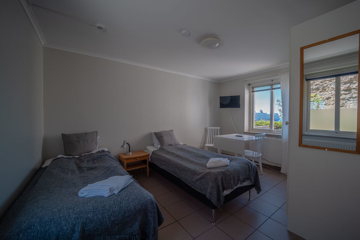 A room with two beds, a desk, a chair, a TV, and a window with a view.