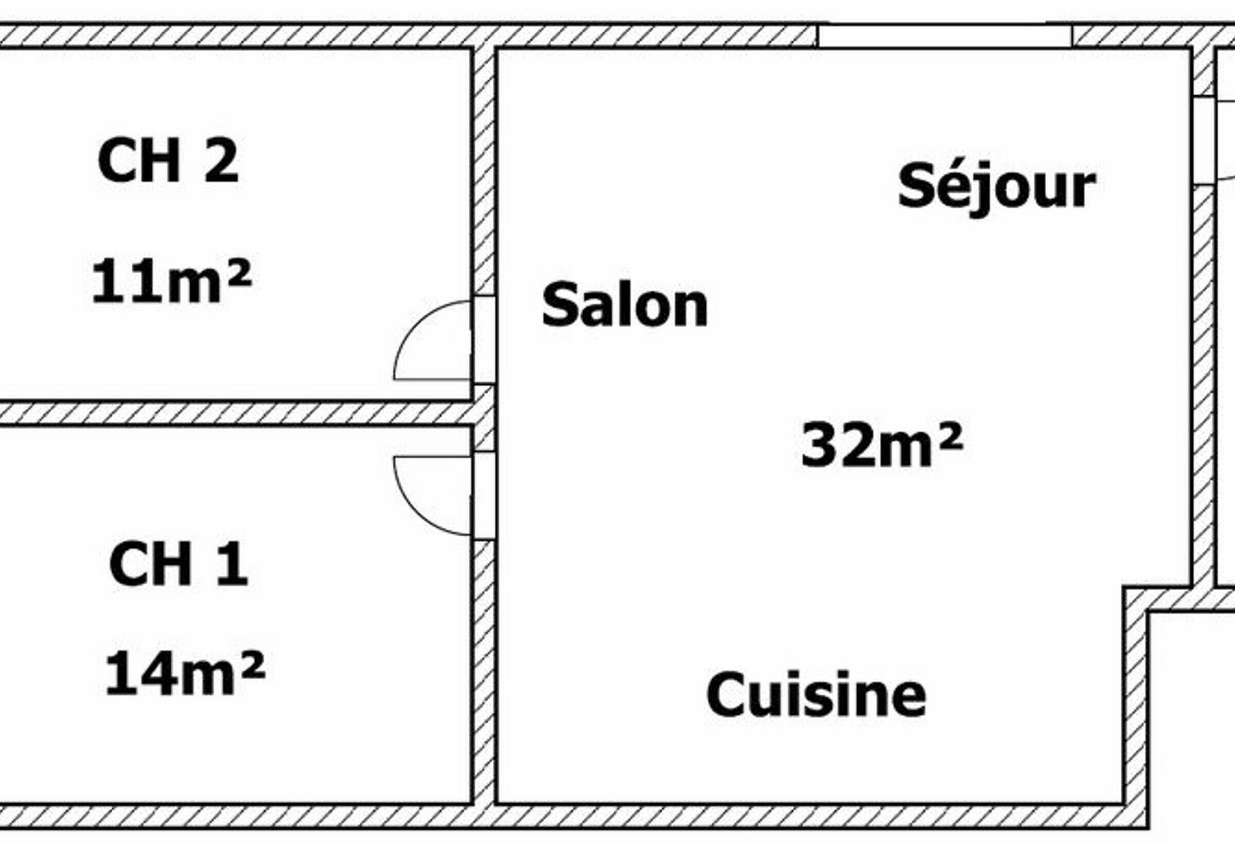 Plano de planta con dos dormitorios (CH 1 y CH 2), una sala de estar (Séjour), un comedor (Cuisine) y un baño (Salle).