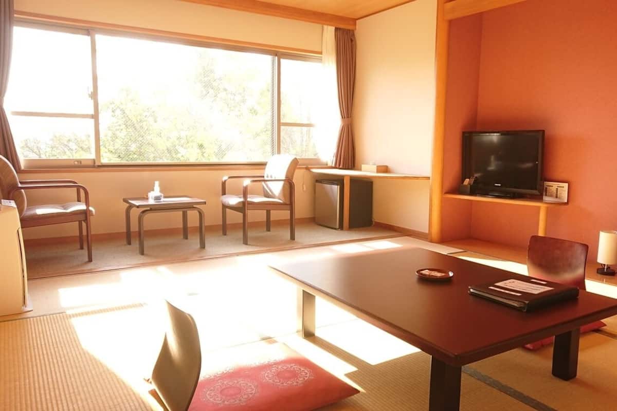 Una habitación con televisión, escritorio, silla y mesa.
