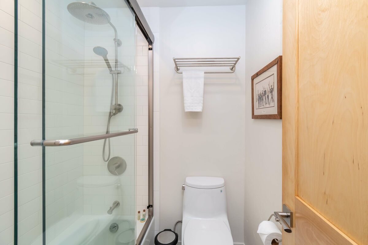 Un baño con ducha de vidrio, un inodoro, un perchero para toallas y un cuadro en la pared.