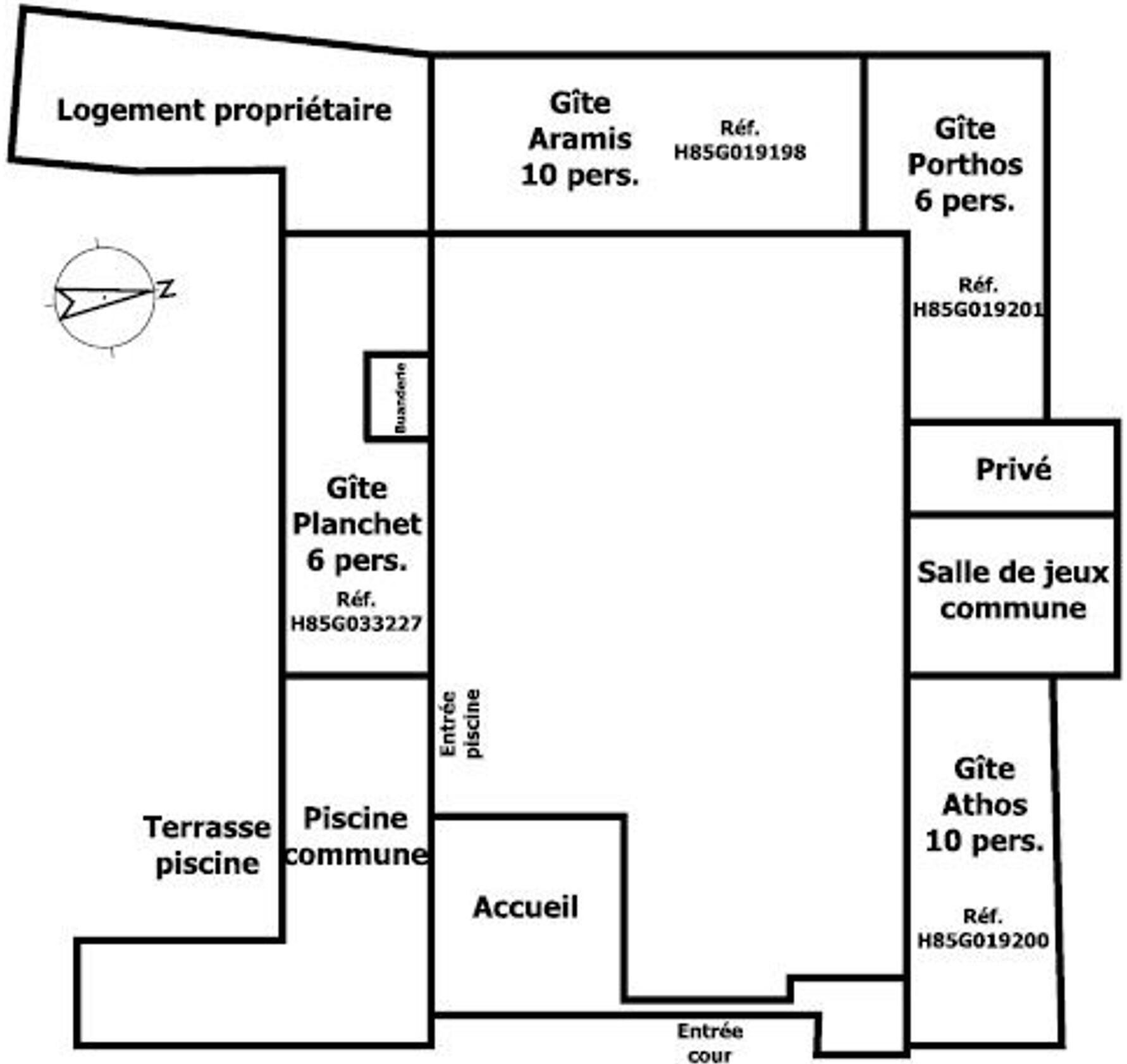 A property layout with a private entrance, communal swimming area, and multiple guest rooms.
