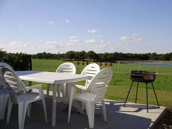 A picnic setup with a table and chairs, a grill, and a view of a lake and fields.