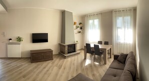 Smart TV, fireplace, books