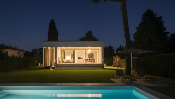 A modern house with a swimming pool, a patio with chairs, and a well-maintained lawn. - Modern Villa "Montelino Boutiquehouse " with Pool, Wi-Fi, Air Conditioning & Terrace (Bardolino)