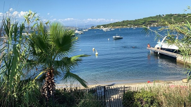 Una marina costera con barcos, una playa arenosa y abundante vegetación.