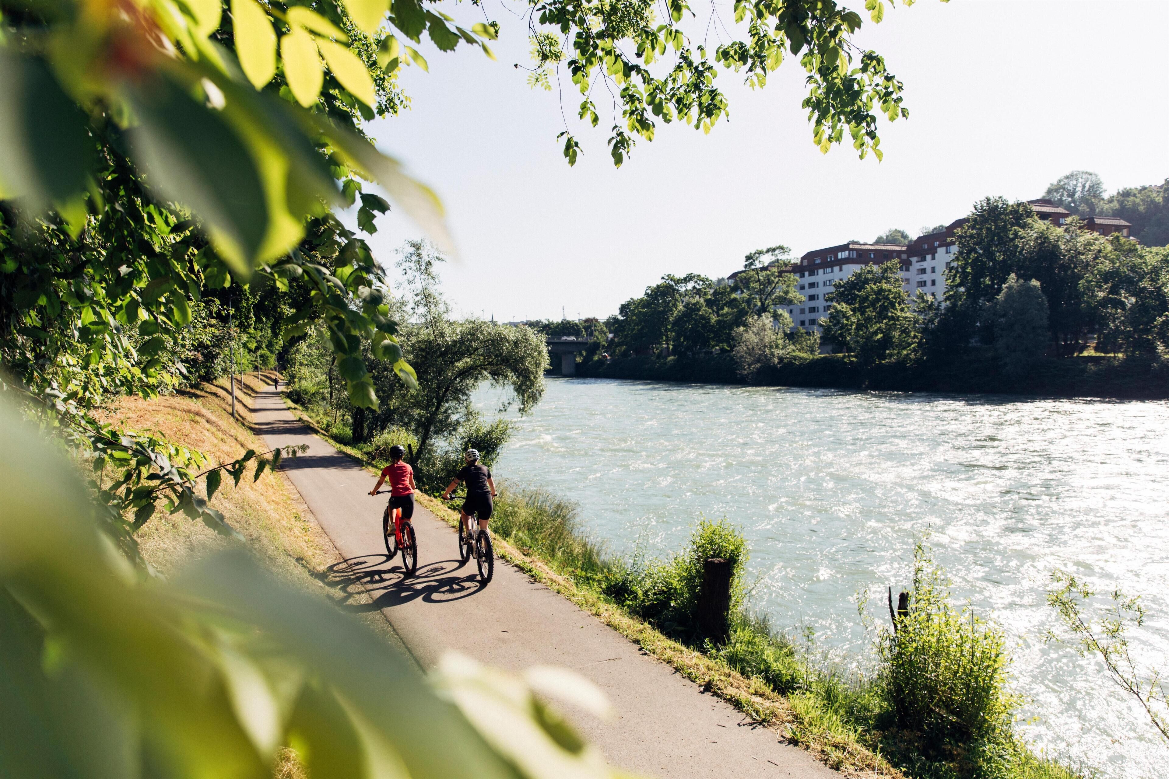 A paved path alongside a river with cyclists, surrounded by greenery and buildings in the background.
